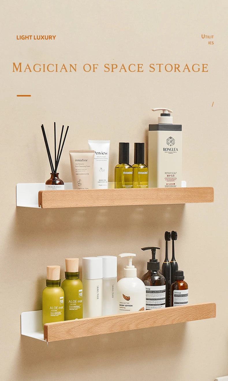 Bathroom Rack Wall-mounted Shower Room Toilet  Nordic style Shelf Cosmetic Storage kitchen Multi-purpose Shelf Solid Wood