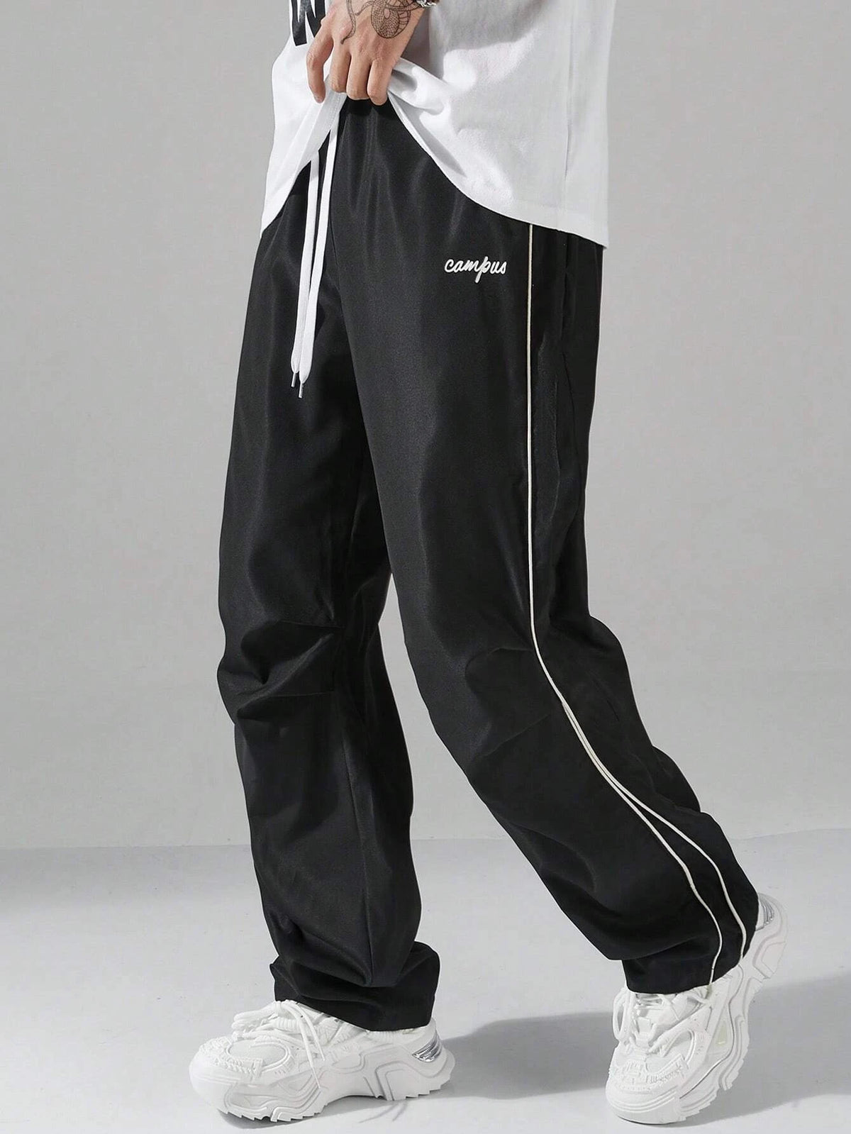 Larbulse Men Contrast Trim Trouser Fashion Casual Pants Solid Color Breathable Loose Straight Drawstring Pants Streetwear