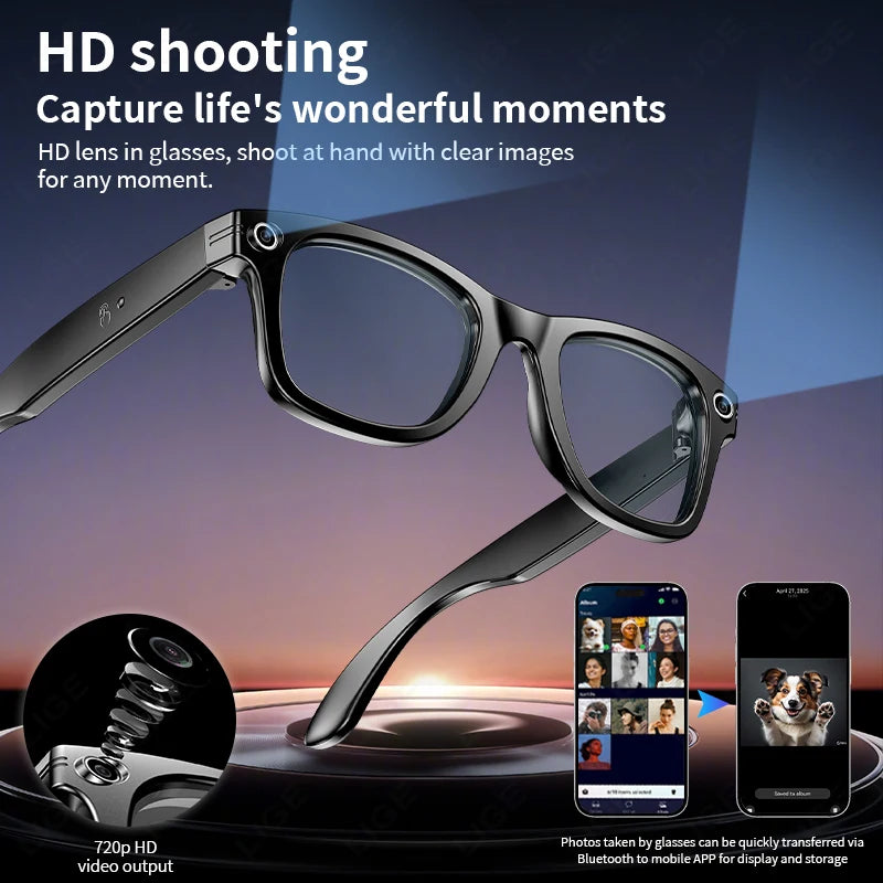 Smart Glasses Recording Videos AI Photo Recognition Answer Translation 260mAh Large Battery IP65 Waterproof Bluetooth Glasses