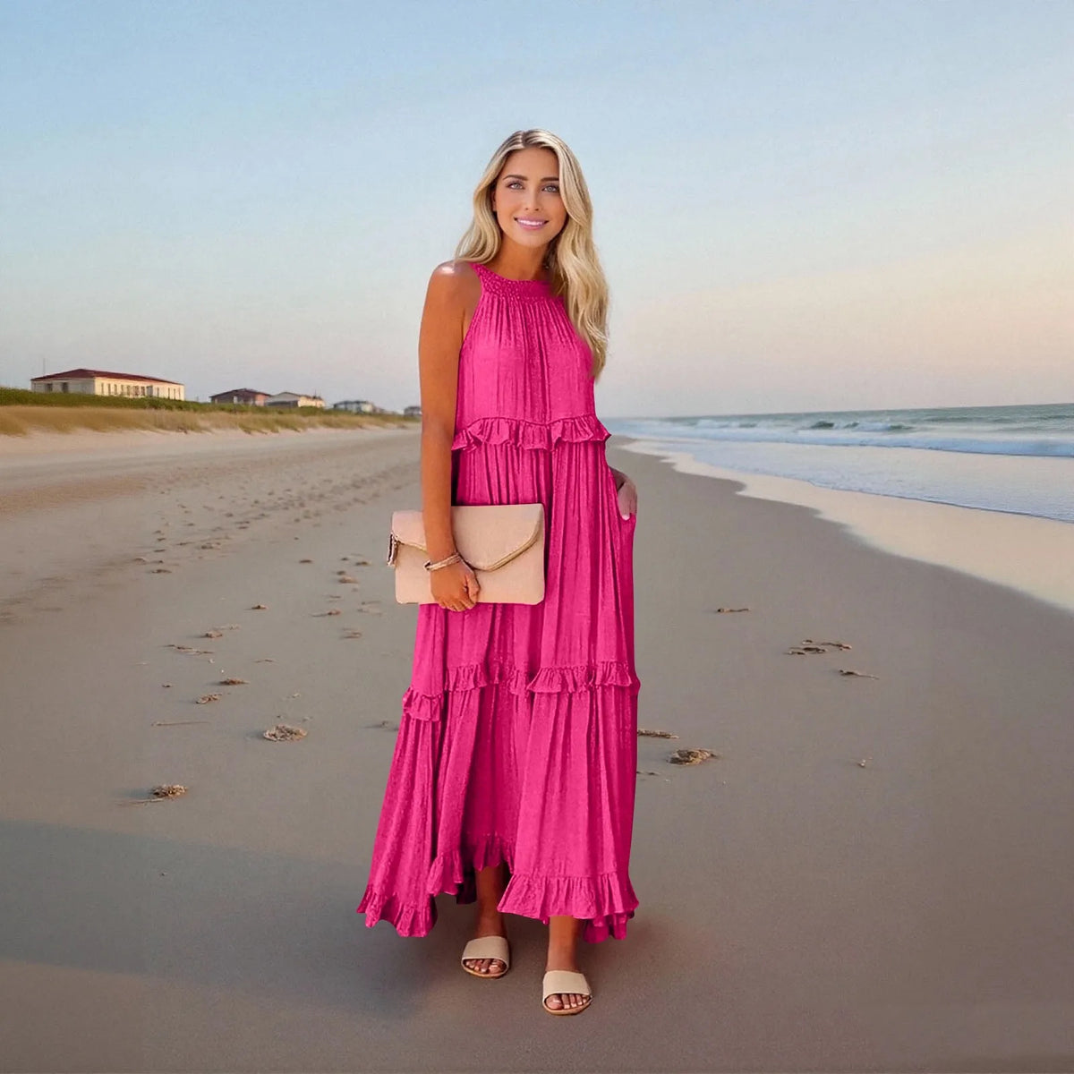 Women's Ruffled hem layered long dresses Summer Sleeveless backless dress Fashion Long Dress Big Swing Beach Dress vestidos