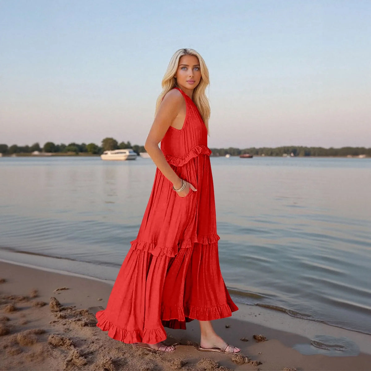 Women's Ruffled hem layered long dresses Summer Sleeveless backless dress Fashion Long Dress Big Swing Beach Dress vestidos
