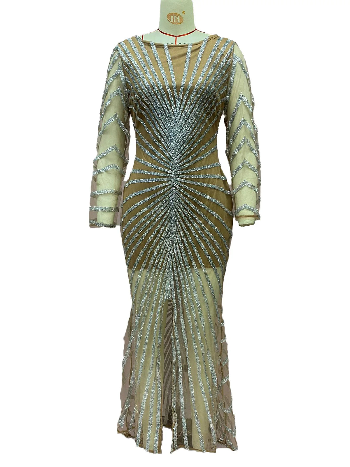 2024 New Spring Fashionable Embellished Women's Mesh Dress Long Sleeve Side Slit Long Dress For Women