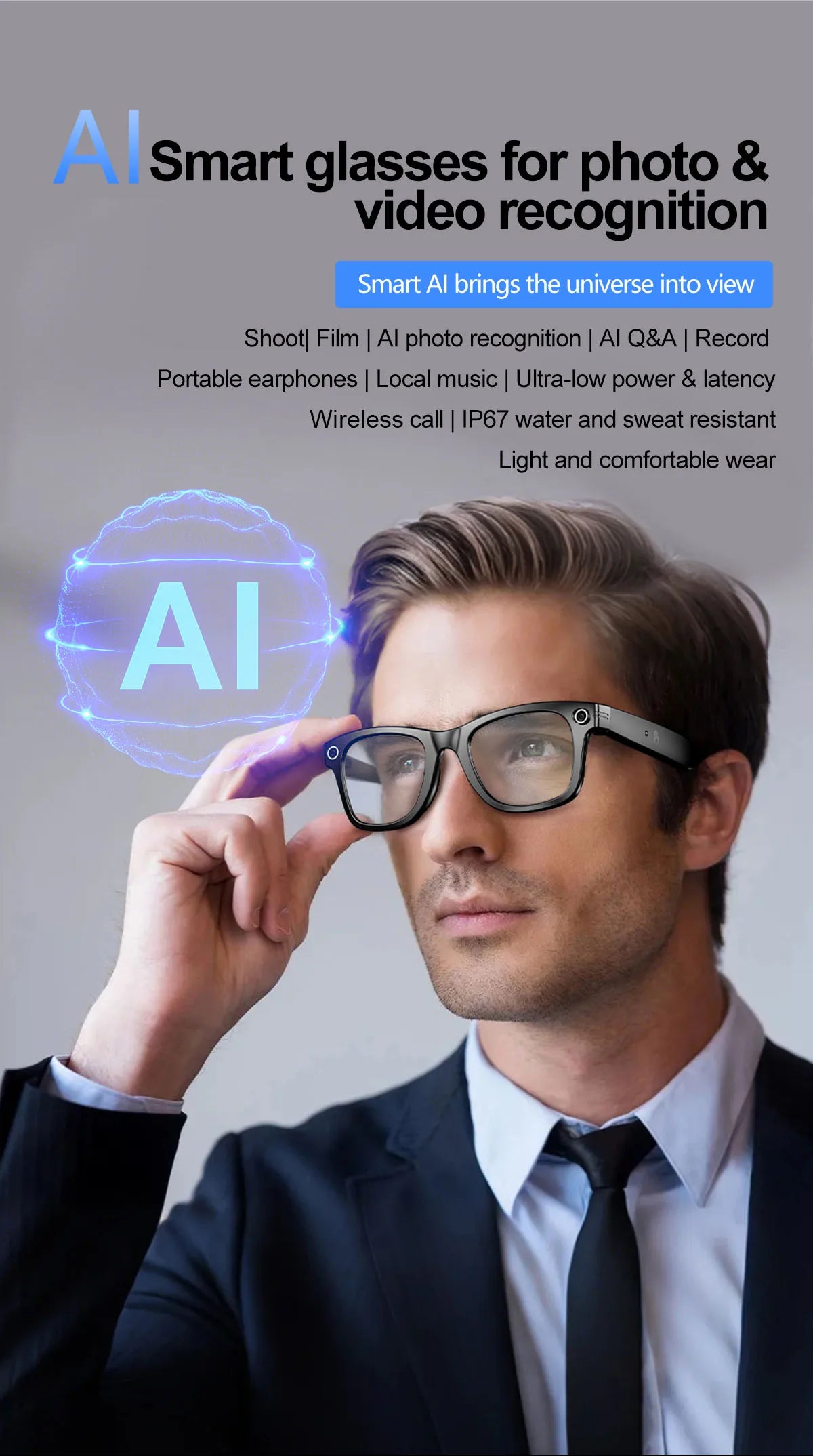 Smart Glasses Recording Videos AI Photo Recognition Answer Translation 260mAh Large Battery IP65 Waterproof Bluetooth Glasses