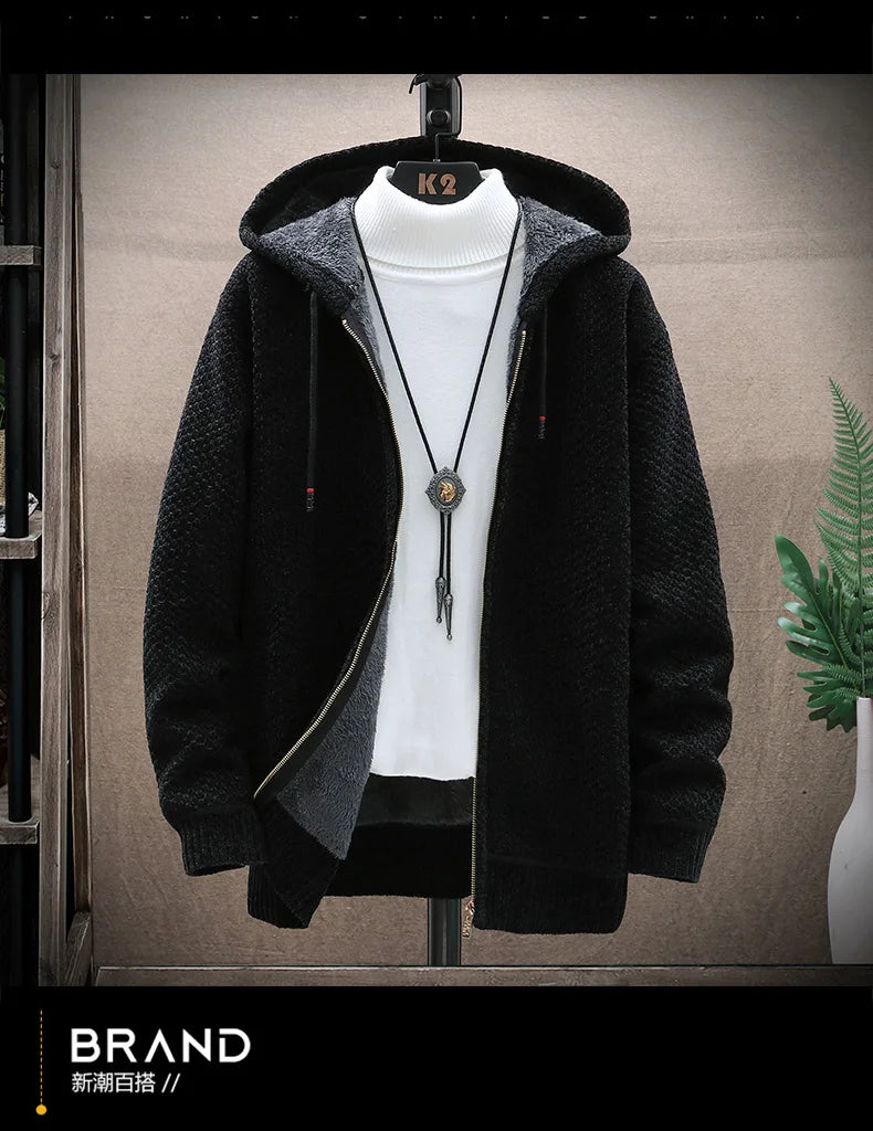 Men Cardigan Winter Hooded Solid Sweater Autumn Winter Fleece Warm Casual Sweatercoat Male Zipper Knitted Cardigans Men Clothing