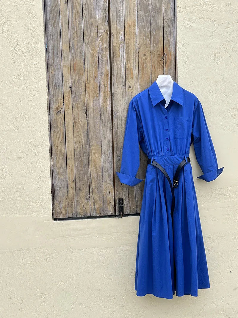 Polo‘s Collar Shirt Dress  Women Spring Slimming Long Dress With A Cinched Waist Blue / Pink