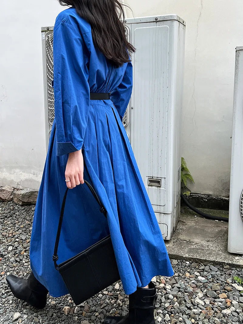 Polo‘s Collar Shirt Dress  Women Spring Slimming Long Dress With A Cinched Waist Blue / Pink