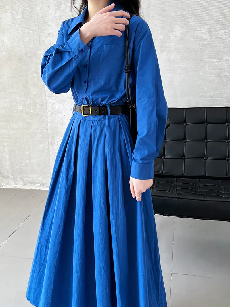 Polo‘s Collar Shirt Dress  Women Spring Slimming Long Dress With A Cinched Waist Blue / Pink