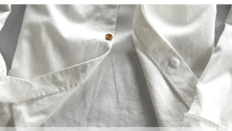 Men Spring Autumn Japan Vintage Style Cotton Linen Shirts Stand Collar Slim Fit Single Breasted Simple Design Soft Casual Shirt