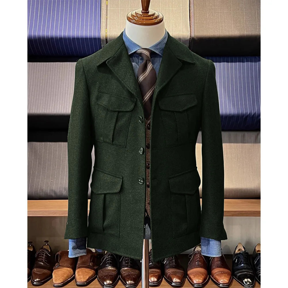 Men's Herringbone Hunting Jacket Casual 4 Pockets Fashion Design Vintage Tweed Blazer Blazer Single Breasted Comfortable Work