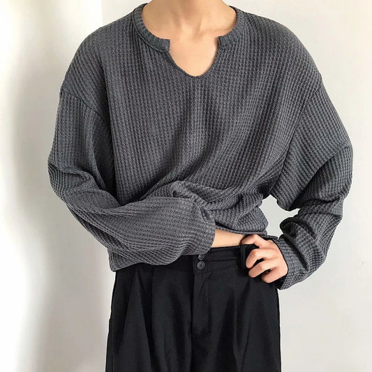 Spring Autumn New Fashion V-neck Long Sleeve Solid Color T-Shirts Men's Clothing Korean Loose All-match Pullovers Hip Hop Tops