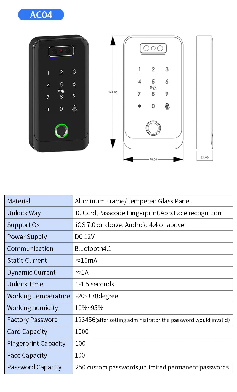 TTLOCK 3D Face Recognition Access Control Keypad Door Lock Opener Fingerprint E-Key Code App RF Remote Facial RFID Card Unlock