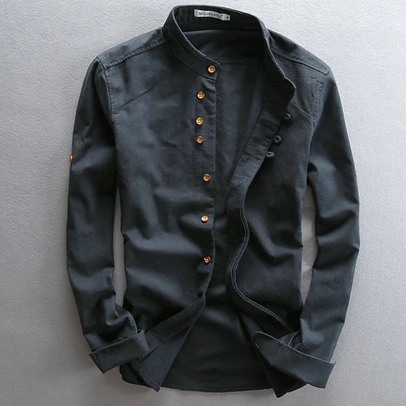 Men Spring Autumn Japan Vintage Style Cotton Linen Shirts Stand Collar Slim Fit Single Breasted Simple Design Soft Casual Shirt