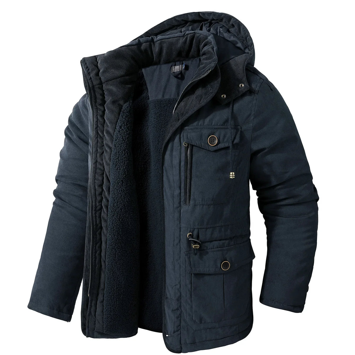 Men's Jacket WINTER USA SIZE Large SIZE Lamb Fleece JACKETS Hooded Cotton Thickened Multi Pocket Casual Mid length Coat