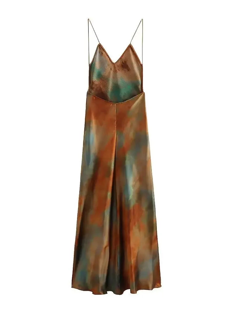 2023 New Women's Elegant Sexy Long Dress V-neck Open-back Rainbow Printing Tank Dress Sleeveless Summer Fashion