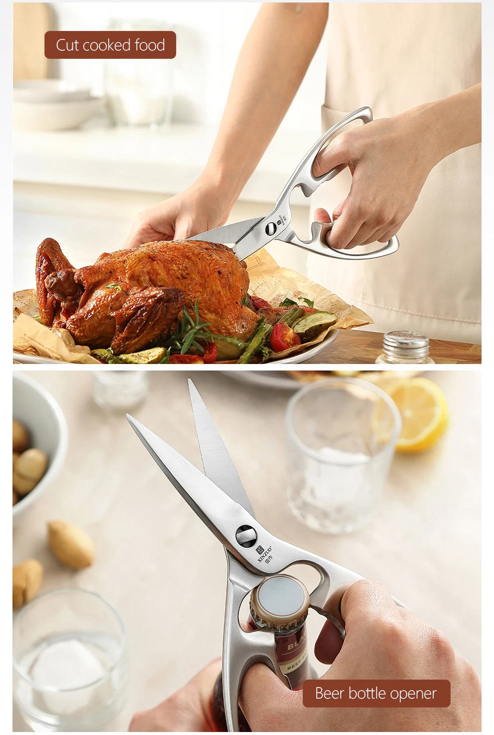XINZUO Kitchen Scissors One Piece 3Cr13 Stainless Forged Steel Kitchen Powerful  Multi-Function Chicken Bone Kitchen Shears