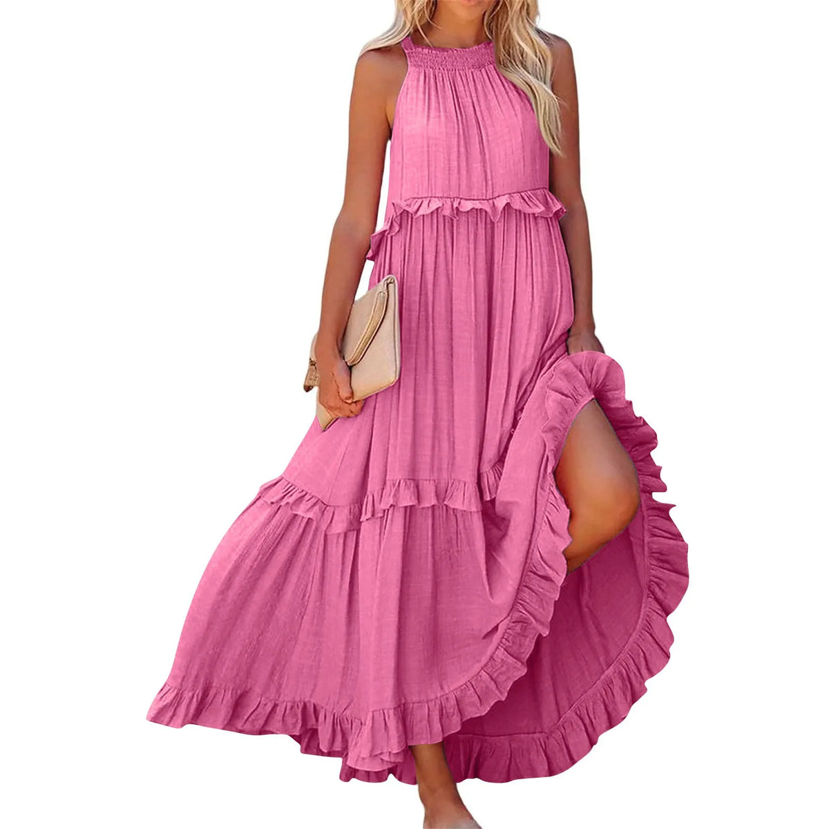 Women's Ruffled hem layered long dresses Summer Sleeveless backless dress Fashion Long Dress Big Swing Beach Dress vestidos