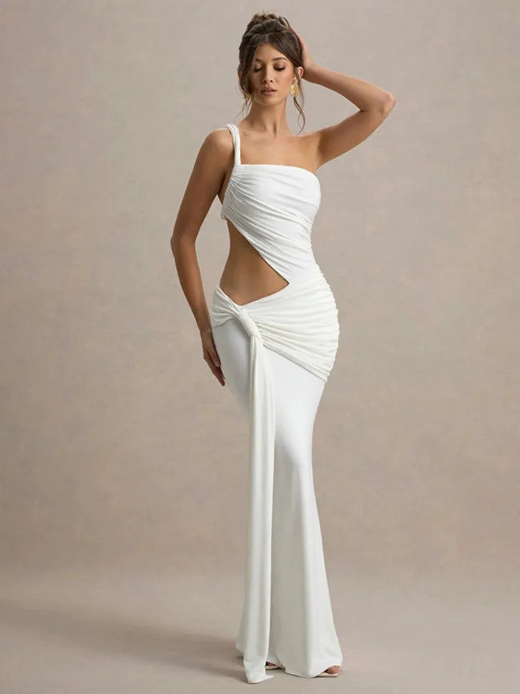 Mozision Irregular Ruched Sexy Maxi Dress For Women Gown Hollow Out One Shoulder Sleevelessdraped Bodycon Club Party Long Dress