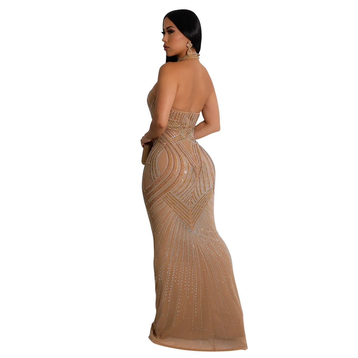 Fashion Women's Wear Solid Color Mesh Hot Rhinestone Halter Maxi Dress Sleeveless Formal Evening Long Dress Skinny Slim