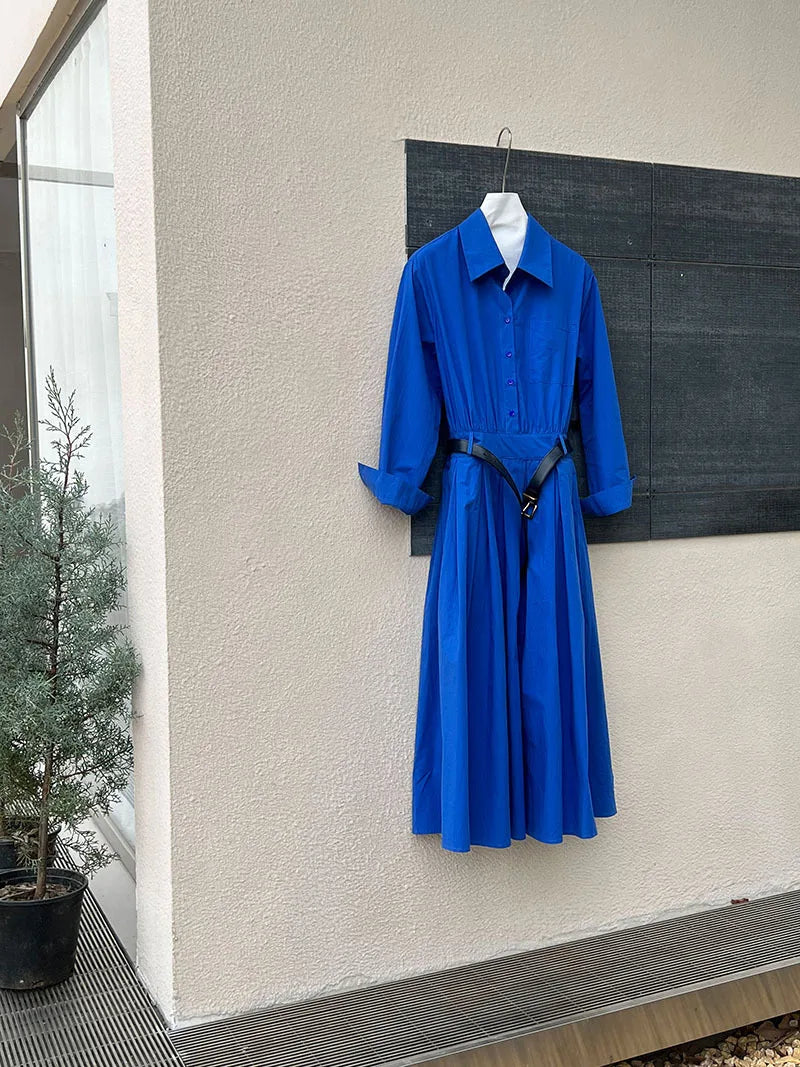 Polo‘s Collar Shirt Dress  Women Spring Slimming Long Dress With A Cinched Waist Blue / Pink