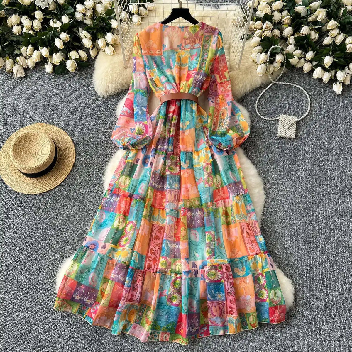 XFPV 2025 Spring New Fashion High-end V-neck Lantern Sleeves High Waist Print Swing Ruffle Edge Chiffon Long Dress Women SM11517