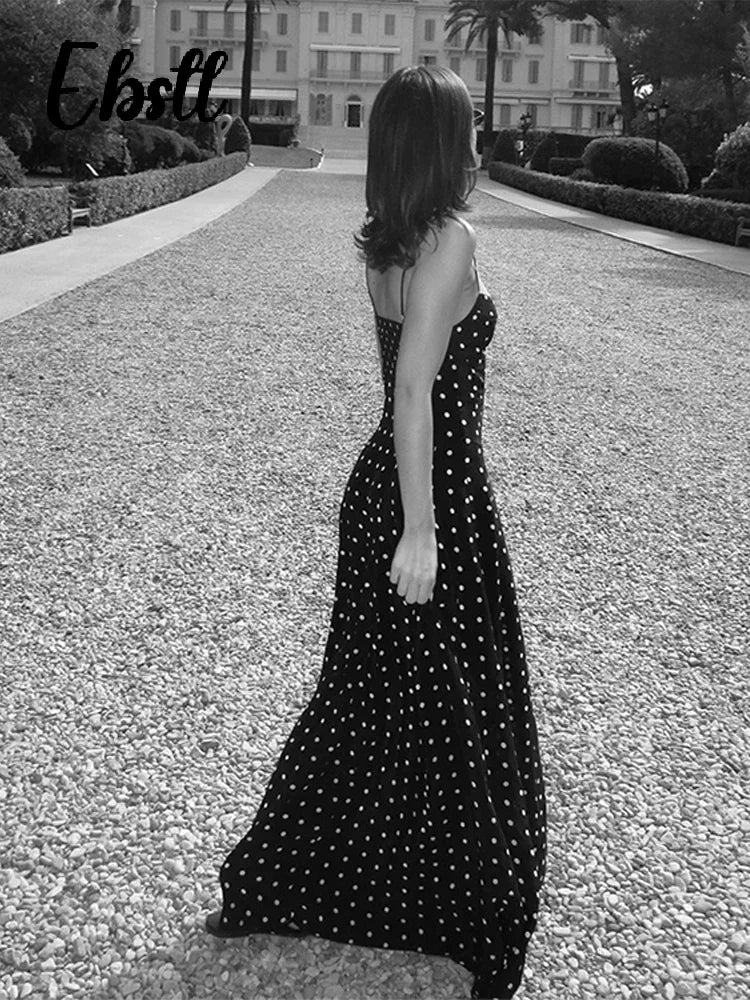 Dot Print Strapless Long Dress Women Retro V-neck Sleeveless Backless High Waist Dresses Female 2025 Spring New Lady Party Robes