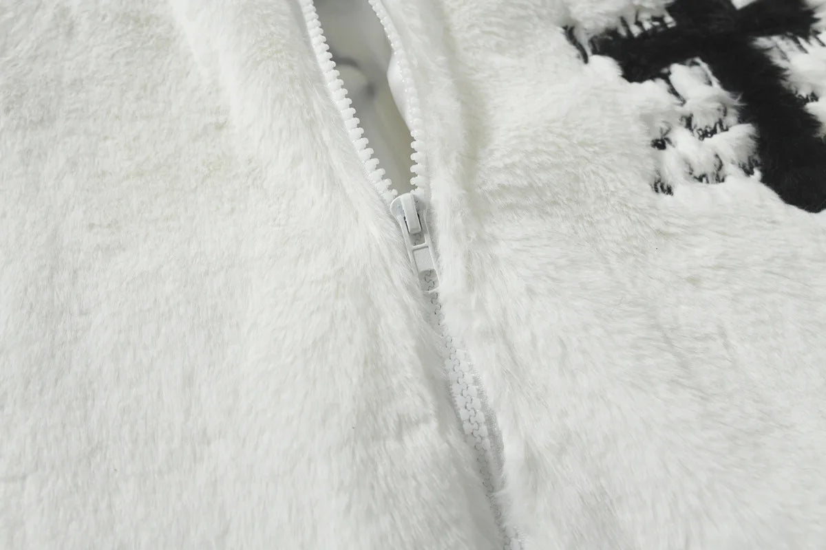 American Style New Hip-hop Embroidered Jacket Men's Imitation Rabbit Fur Stand Up Collar Unisex Loose Cotton Jacket
