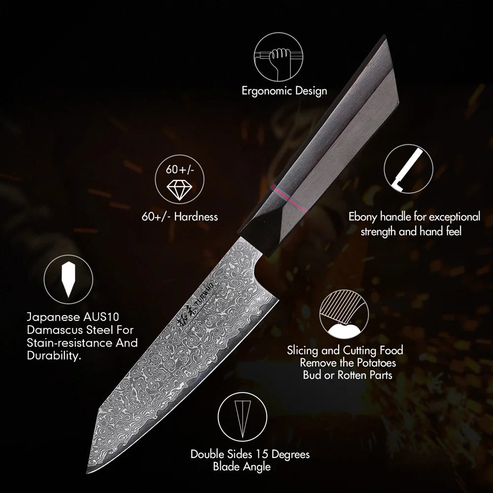 TURWHO 5" Utility Knife AUS-10 Damascus Steel Fruit Vegetable Knife Sharp Pro Chef Kitchen Supplies for Carving Dovetail Handle