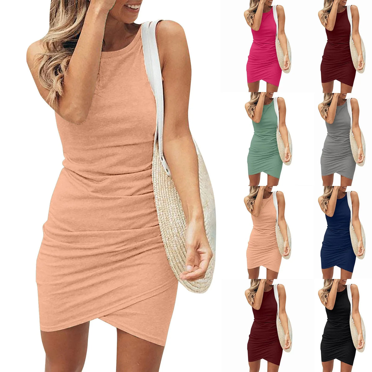 Women'S 2024 Summer Casual Beach Dress Round Neck Short Sleeveless Wrap Party Club Pleated Slim T Shirt Dresses
