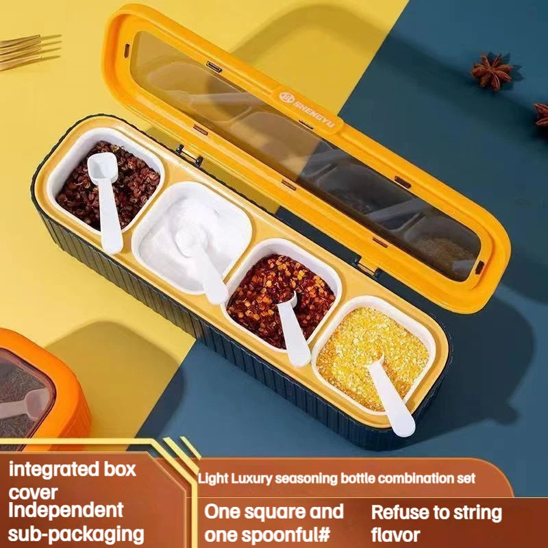 Seasoning Box, Set of 4 Crystal Seasoning Storage Container with Spoon Seasoning Rack Spice Pots for Pepper Spice Kitchen tools