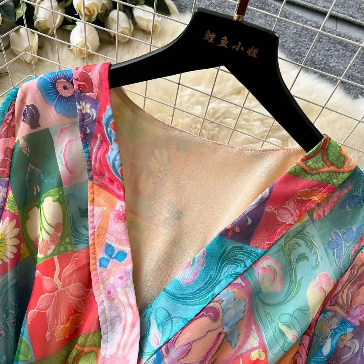XFPV 2025 Spring New Fashion High-end V-neck Lantern Sleeves High Waist Print Swing Ruffle Edge Chiffon Long Dress Women SM11517