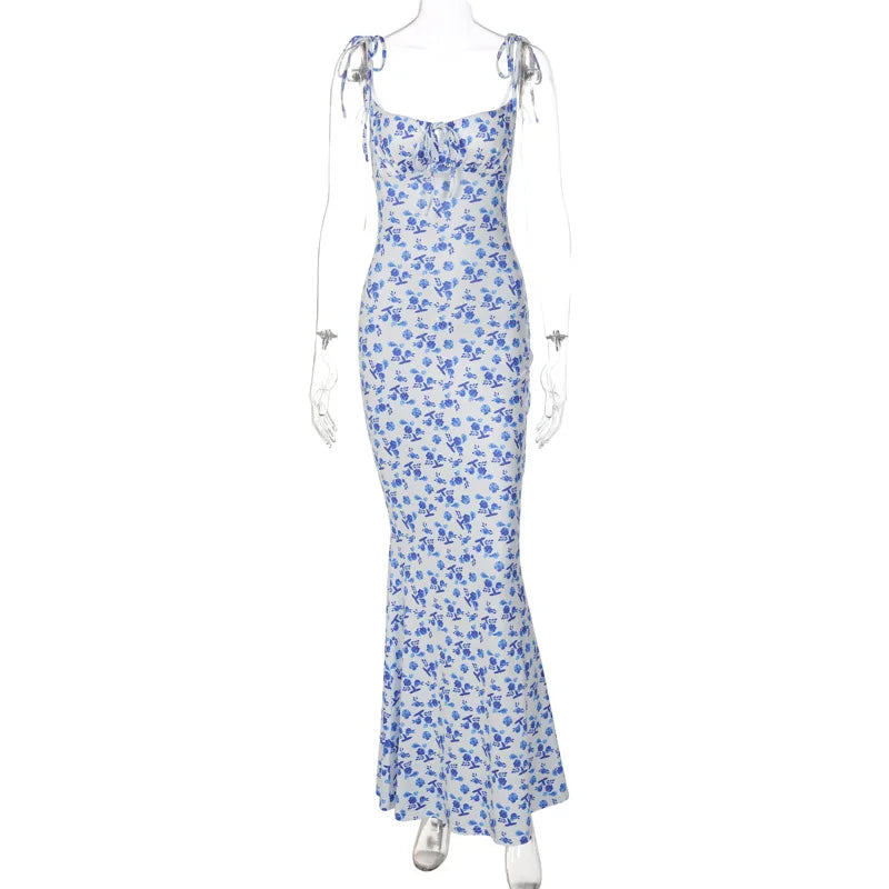 Summer Sexy Sleeveless Lace Up Bodycon Long Dress Summer Floral Maxi Dresses For Women Elegant Beach Vacation Dress Vestidos