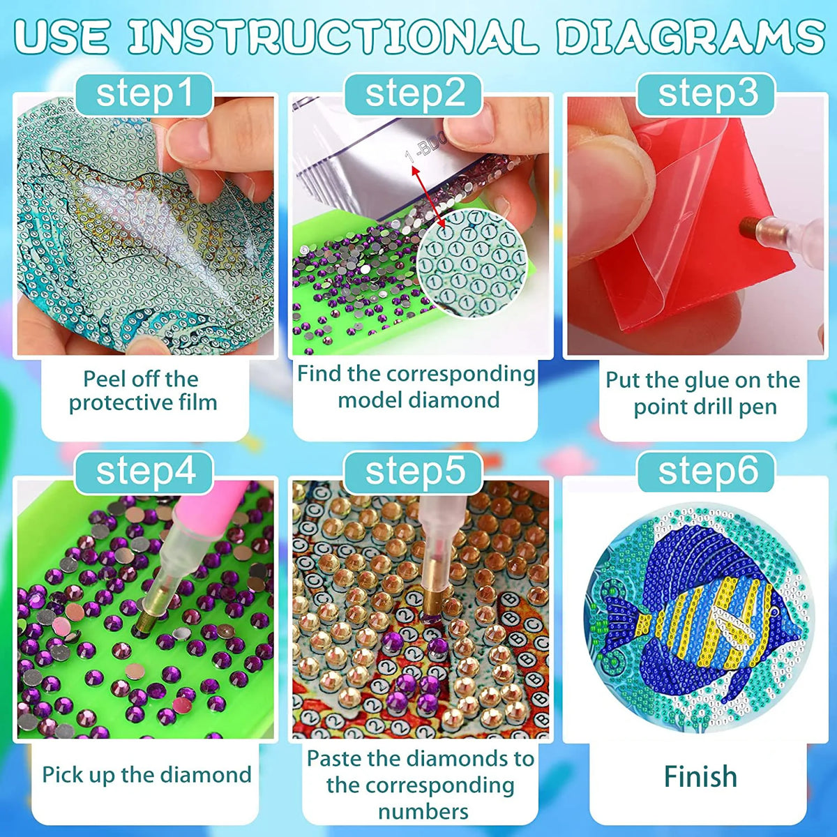PhotoCustom 6pc/Sets Diamond Painting Coasters 5D DIY Round Diamond Mosaic Mandala Cup Coasters With Holder Kitchen Accessories