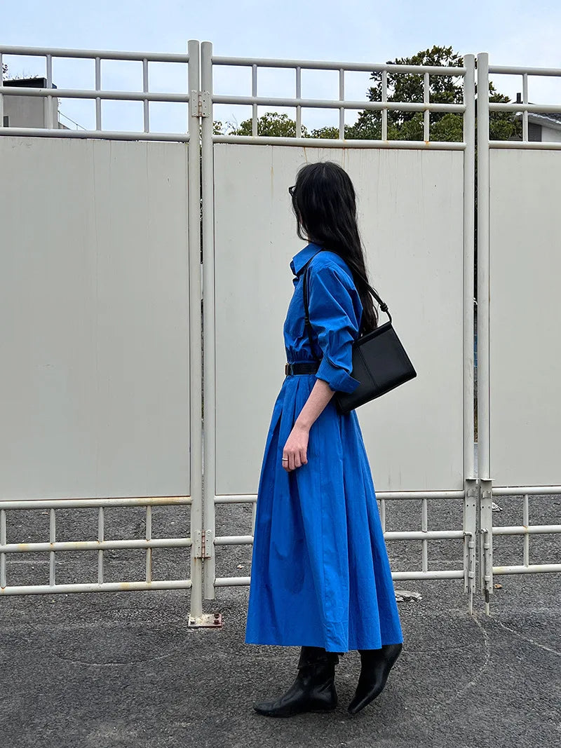 Polo‘s Collar Shirt Dress  Women Spring Slimming Long Dress With A Cinched Waist Blue / Pink