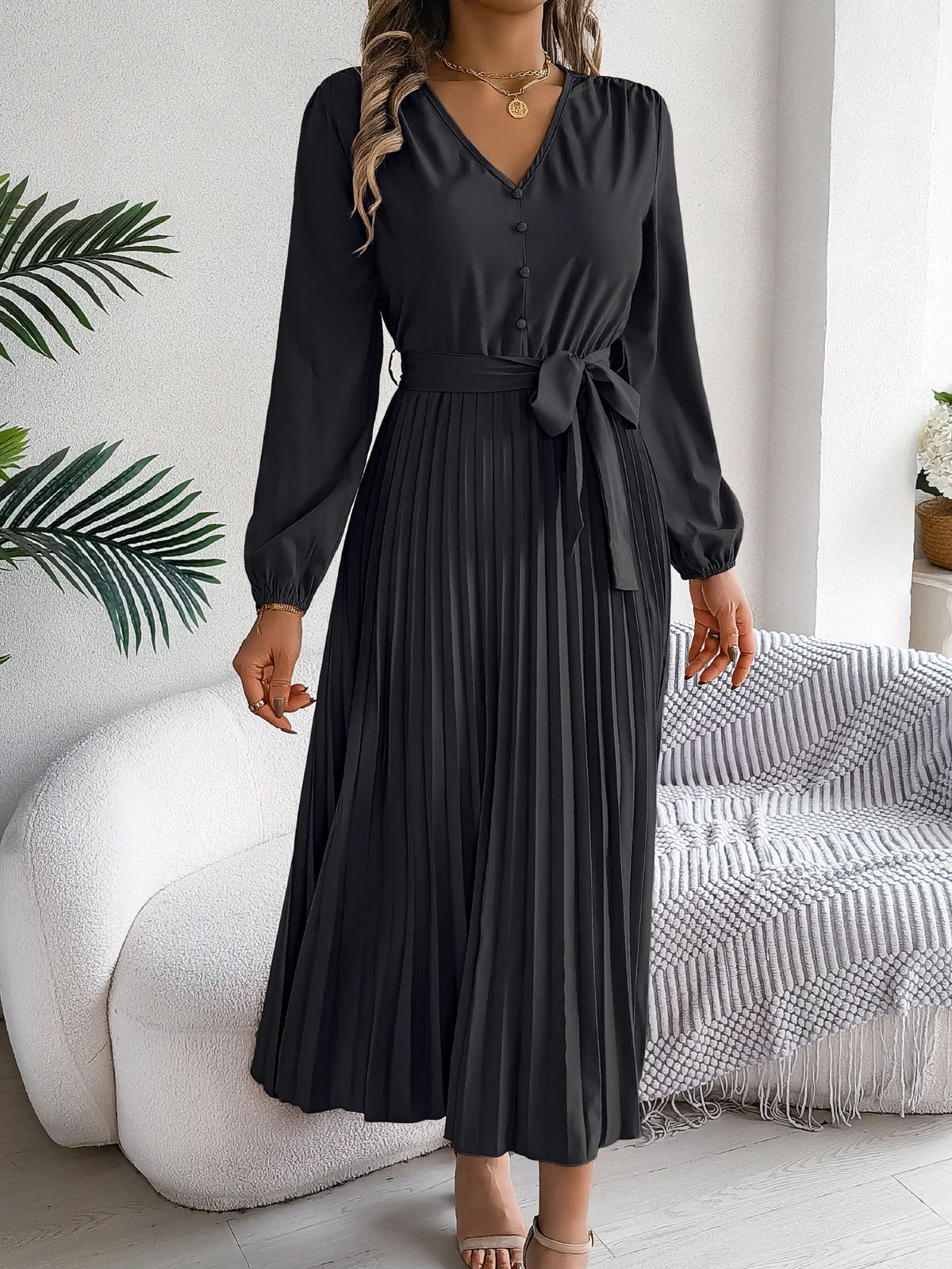 Autumn Winter Elegant V-Neck Button Belt Long Sleeved Solid Color Pleated Long Dress For Women Dresses