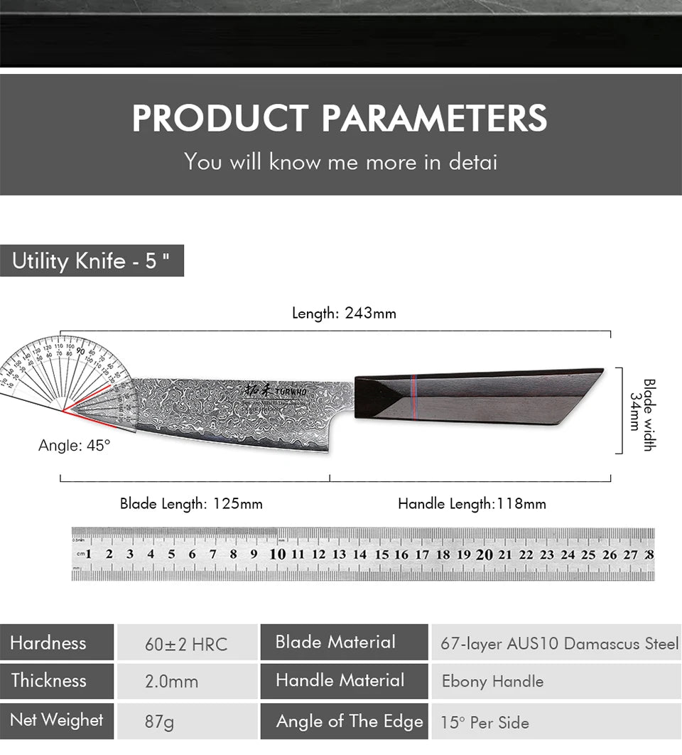 TURWHO 5" Utility Knife AUS-10 Damascus Steel Fruit Vegetable Knife Sharp Pro Chef Kitchen Supplies for Carving Dovetail Handle