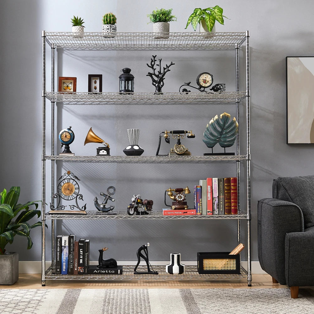 Warehouse supermarket kitchen other 5-layer heavy-duty adjustable shelves with wheels  adjustable feet  frame bearing 300 pounds