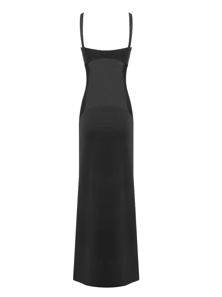 Sexy Spaghetti Strap Diamonds Mesh Patchwork Long Dress Women Sleeveless Beaded Maxi Slim Dress Celebrity Club Party Gowns