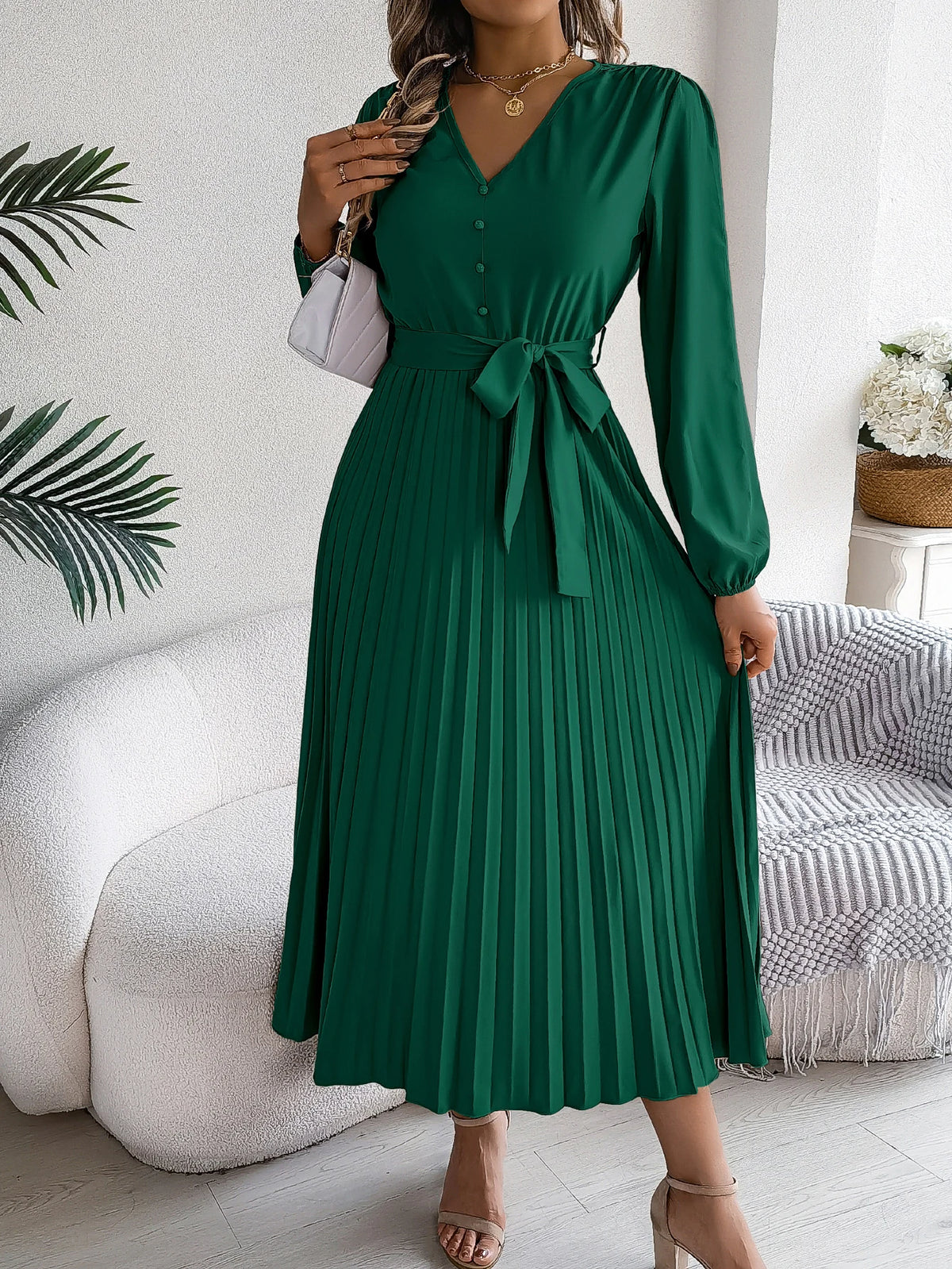 Autumn Winter Elegant V-Neck Button Belt Long Sleeved Solid Color Pleated Long Dress For Women Dresses