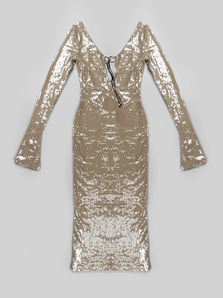 BEVENCCEL Sexy Luxury Sequins Deep V Long Sleeve Backless Sequins Long Dress Elegant  Bodycon Maxi Evening Party Clubwear Dress