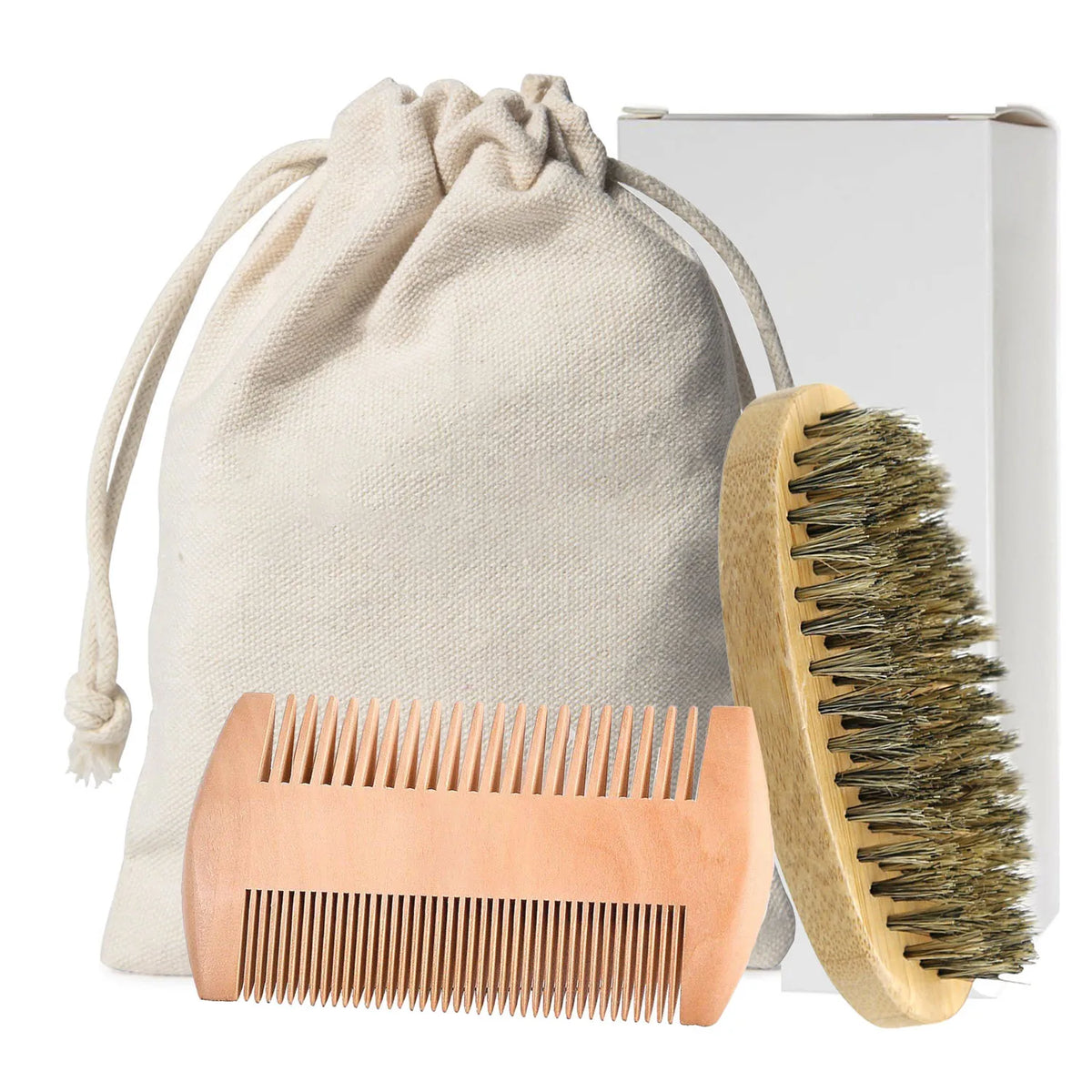 Men Shaving Bamboo Brush Comb Set Boar Bristle Portable Barber Beard Brush Comb Scissors for Facial Cleaning Styling Tool