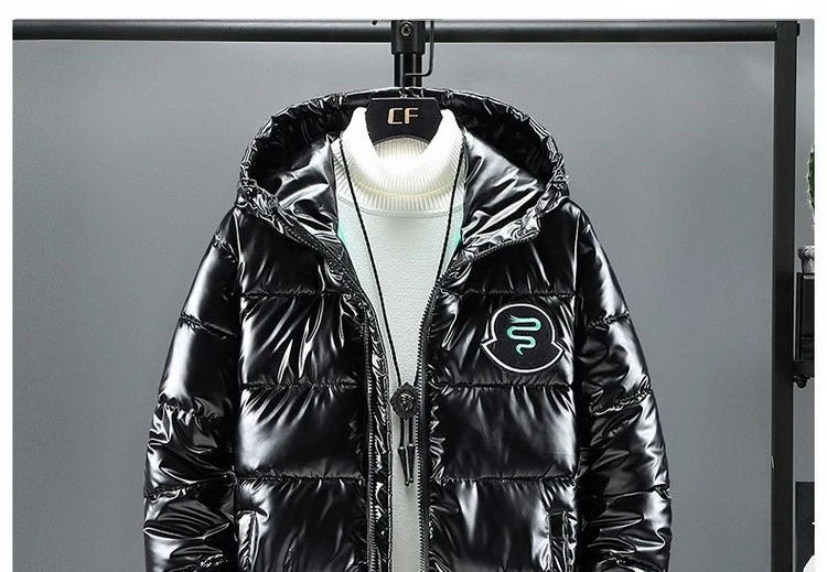 Men's Mid Length Cotton Down Jacket, Thick Down Overcoat, Glossy Coat, Quilted Hoodie, Hat, Winter Trend, Casual, New