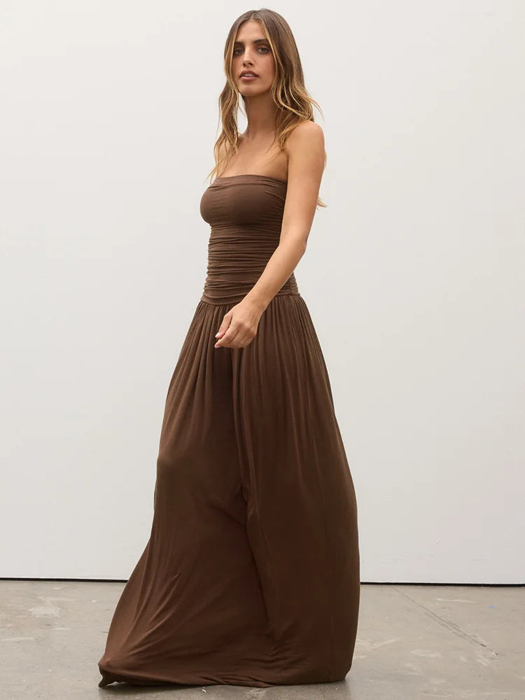 Mozision Off-shoulder Strapless Pleated Sexy Maxi Dress Women Fashion Backless Sleeveless High Waist Ruched Long Dress Elegant