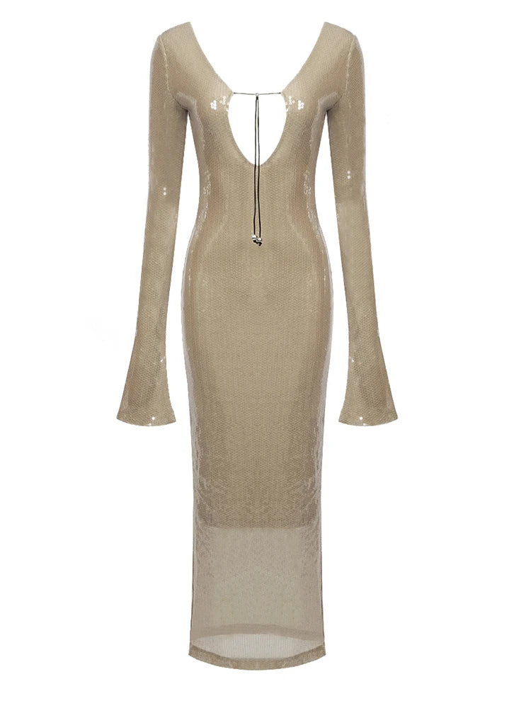 BEVENCCEL Sexy Luxury Sequins Deep V Long Sleeve Backless Sequins Long Dress Elegant  Bodycon Maxi Evening Party Clubwear Dress
