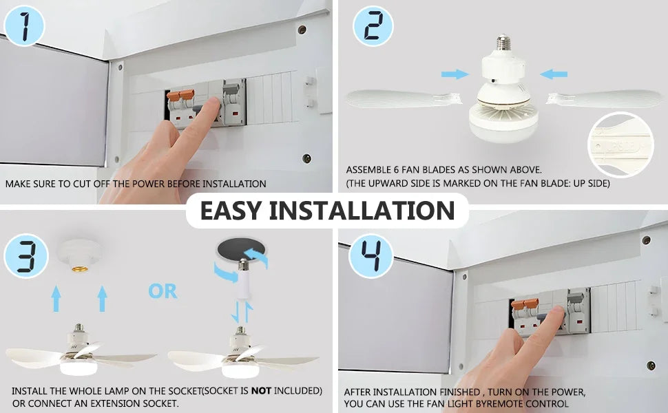 LED 40W Socket Ceiling Fan with Light, 20.5in Screw Ceiling Fans with Lights with Remote, For Bedroom/Garage/Kitchen