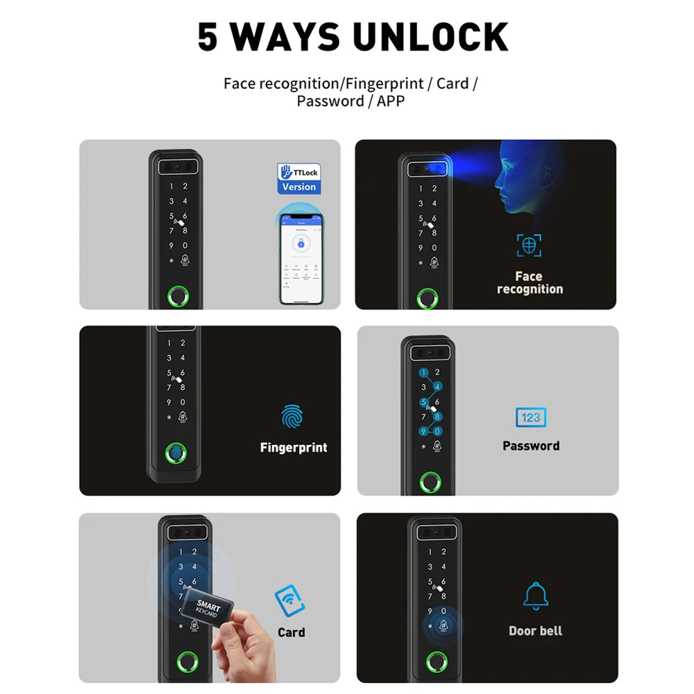 TTLOCK 3D Face Recognition Access Control Keypad Door Lock Opener Fingerprint E-Key Code App RF Remote Facial RFID Card Unlock