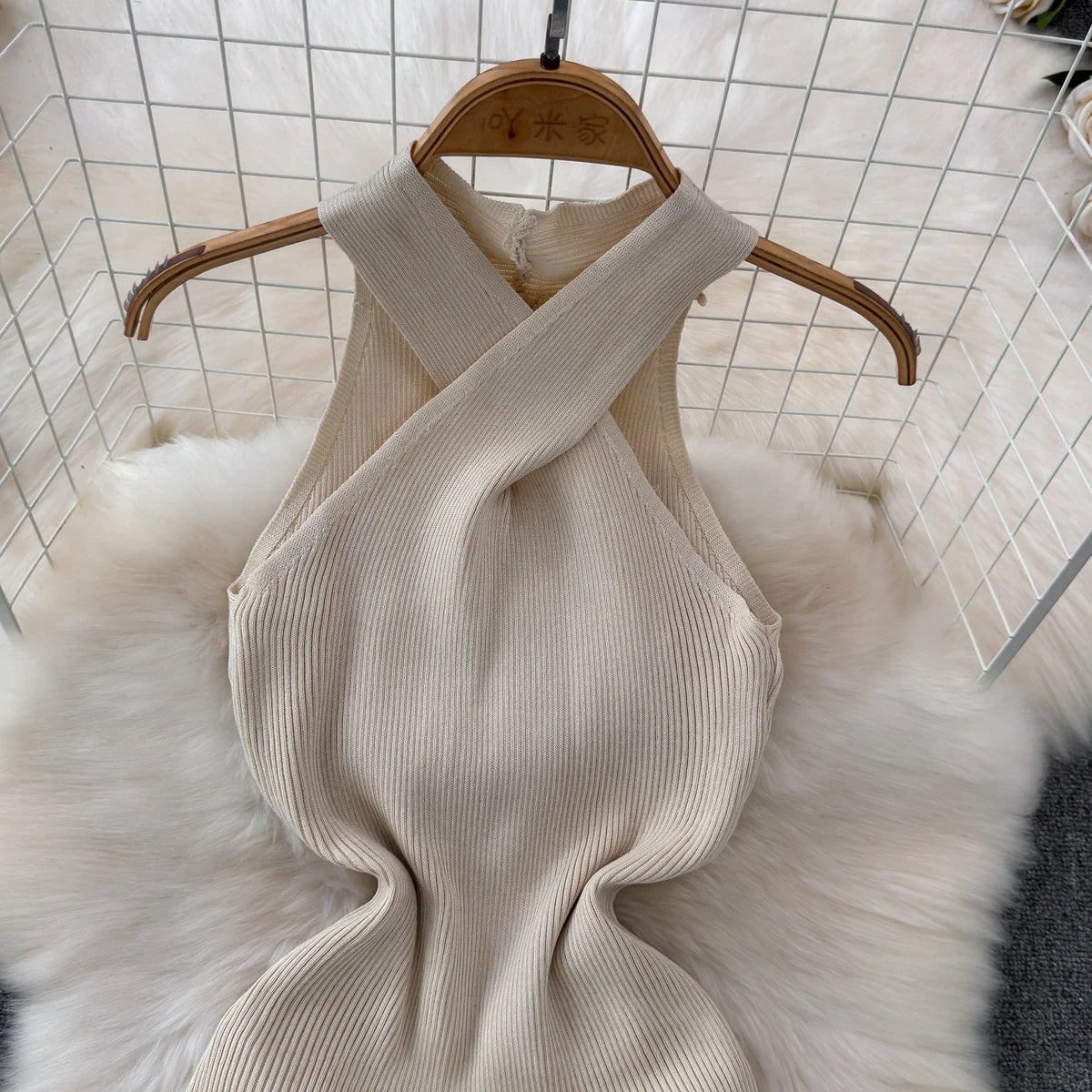Solid 2024 Cross Knitted Women Dress Summer Strap Sleeveless Bodycon Dress Europe Style Halter Ladies Sexy Midi Long Dress