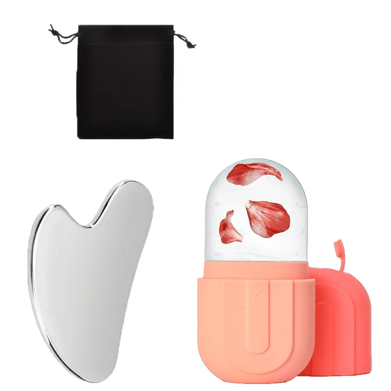 Ice Face Roller & Stainless Steel Gua Sha Tool Set, Facial Massager Ice Roller Skin Care Tool Beauty Set Lifting Contouring Tool