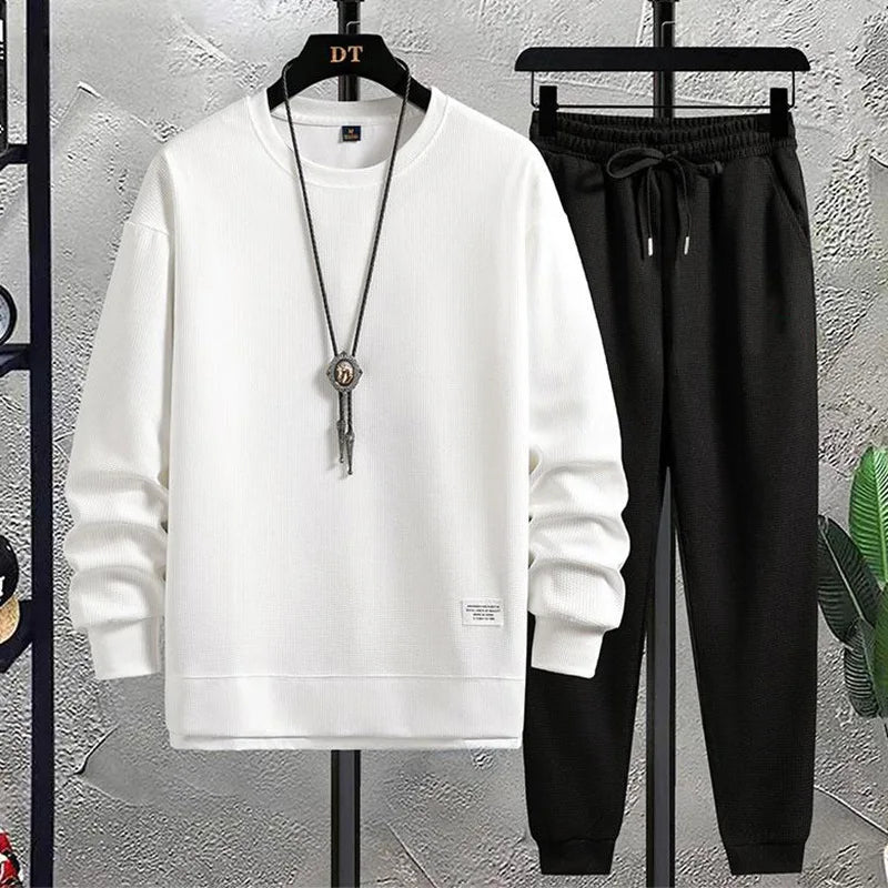 Men's Waffle Suit Sets Casual Long Sleeved Sweatshirt and Pants for Sports Men's T-shirt Hoodie Casual Trousers Set Loose Fit