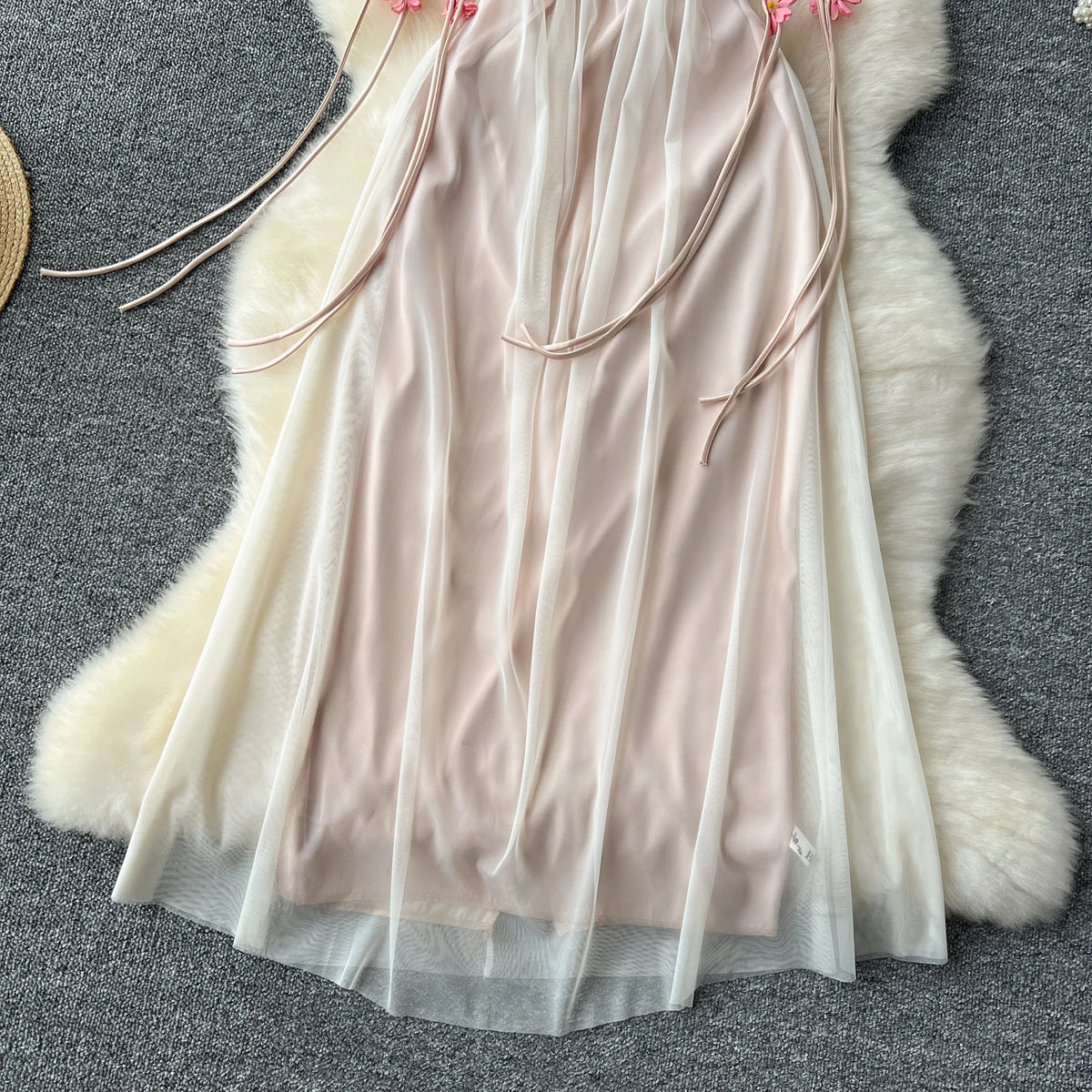 SINGREINY 2024 Bohemian Vacation Long Dress Spaghetti Strap Hollow Out A Line Mesh Sundress 3D Floral Backless Party Maxi Dress