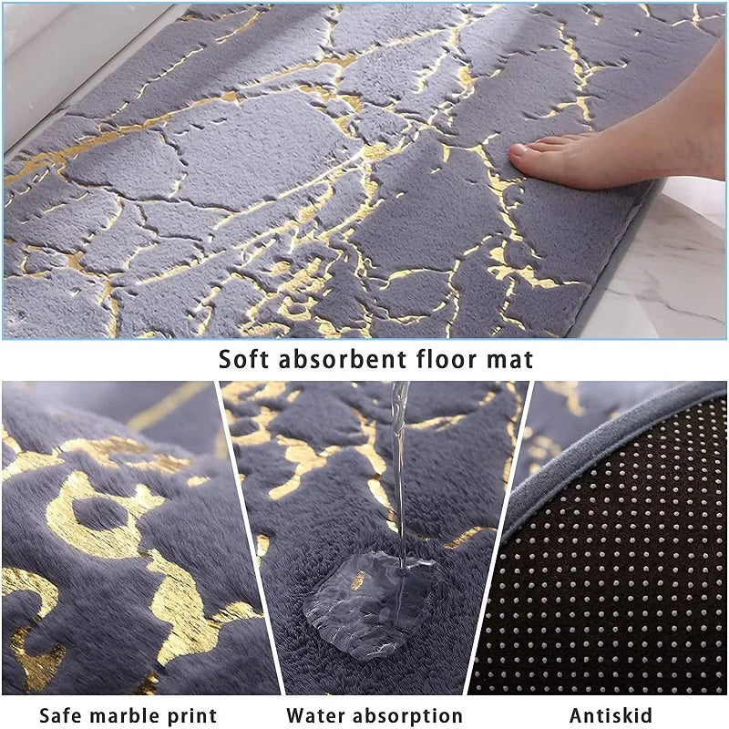 Inyahome Bath Mats for Bathroom Luxury White and Gold Non Slip and Soft Bathroom Rug Absorbent Bath Rug Decor for Kitchen Indoor